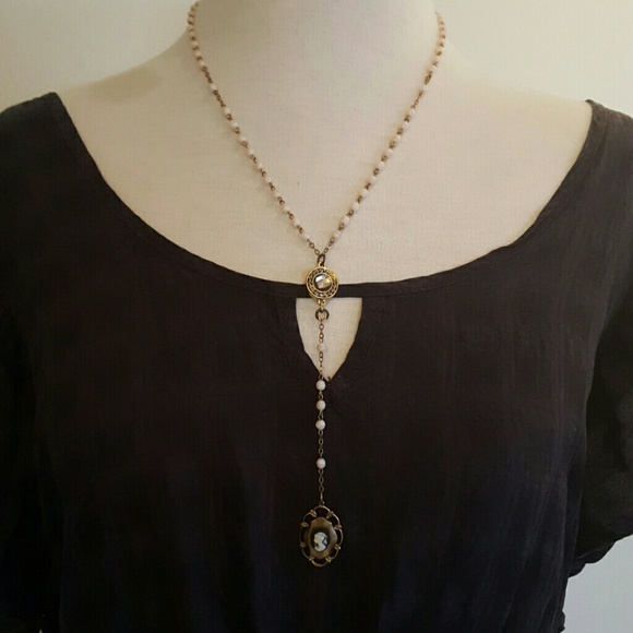 Rosary pink beaded drop down cameo necklace