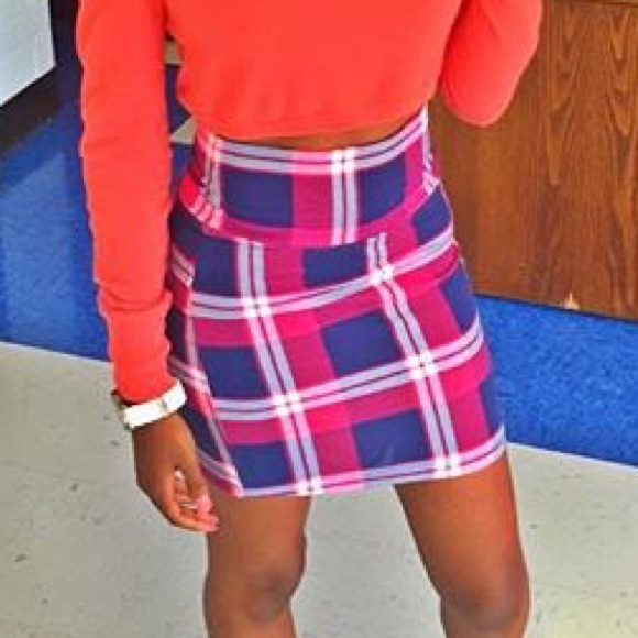 Pink and Blue Plaid Pencil Skirt