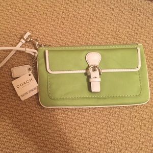 Coach Kelly green and white wristlet