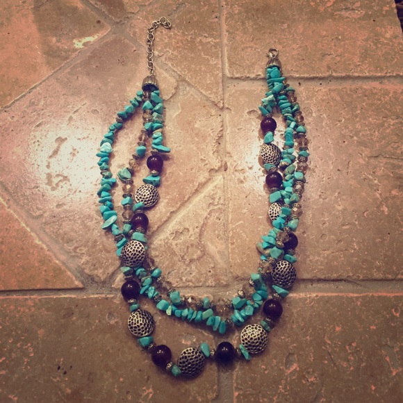 Beaded turquoise, brown & silver necklace