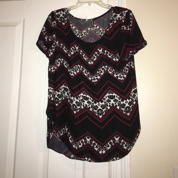 High low red black and leopard print blouse