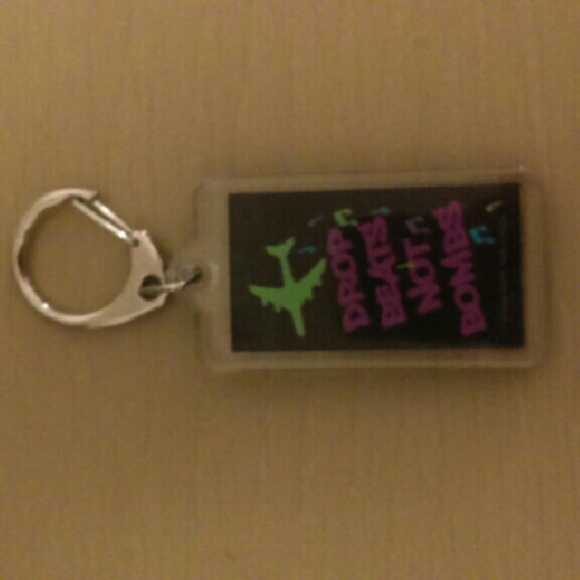 "Drop beats not bombs" keychain