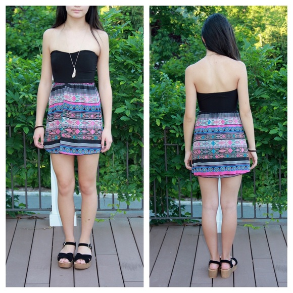 Strapless Black Dress with Tribal Print Skirt
