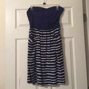 Navy and white strapless dress