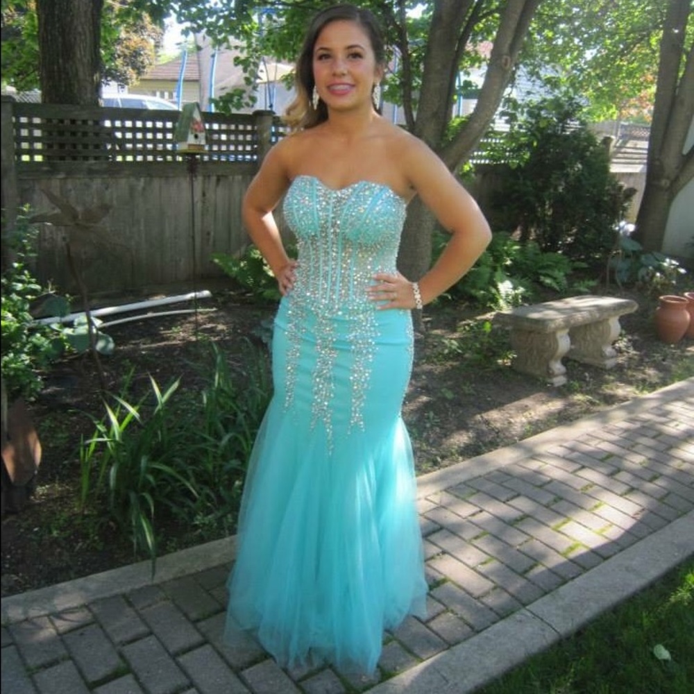 Turquoise blue, sequined, mermaid prom dress