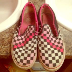 SIZE 7.5 PINK, BLACK AND WHITE CHECKERED VANS