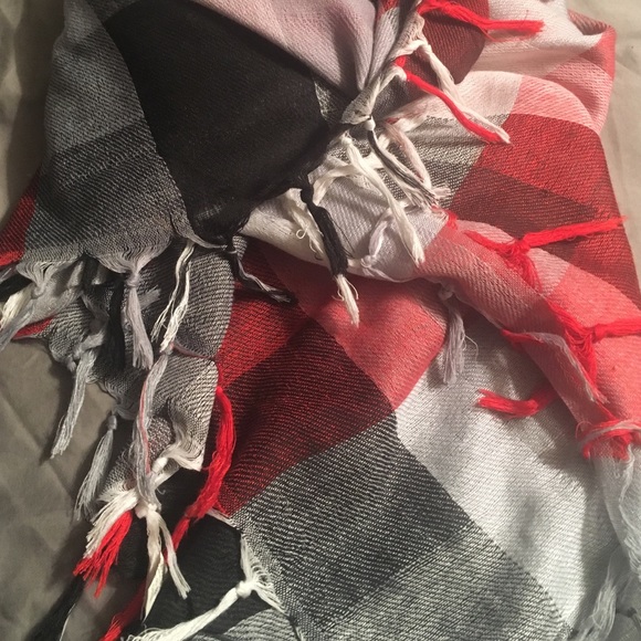 Versatile Plaid Black, Grey, and Red scarf.