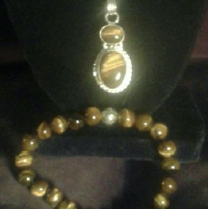 SALE New*HC Natural Tiger'sEye Solid925S Nk/Br Set