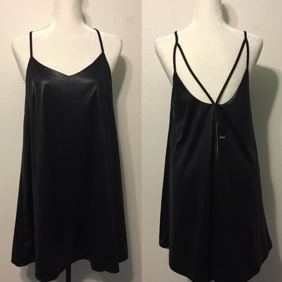NWT Black Faux Leather Strappy Swing Dress