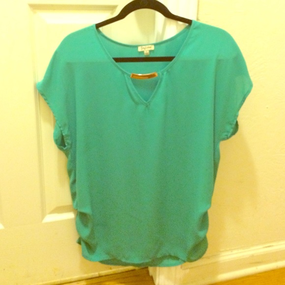 Teal short sleeve blouse with gold accent