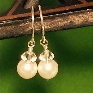 Pearl, Crystal and Silver Dangle Earrings