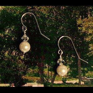 Pearl, Crystal and Silver Dangle Earrings