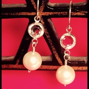Pearl, Crystal and Silver Dangle Earrings