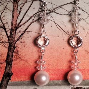 Pearl, Crystal and Silver Dangle Earrings