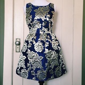 Women's Floral Gold and Blue Cocktail Dress -Small