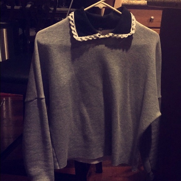 Semi-Cropped Comfy Cute Gray Sweater w/t Collar - Picture 1 of 4
