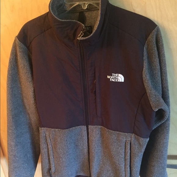 North Face gray and dark purple fleece jacket