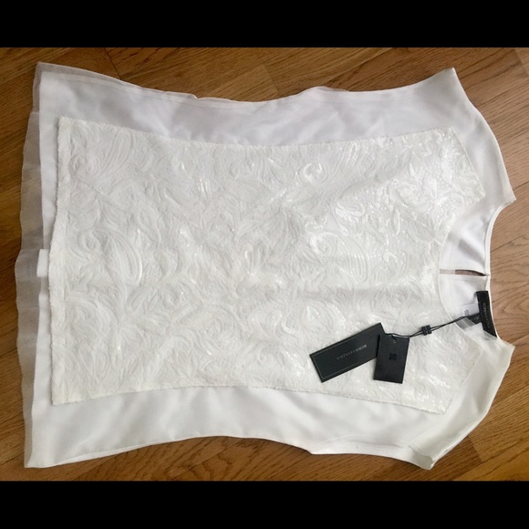 BCBGMAXAZRIA Cap-Sleeve Mesh-Panel Sequin Top- SM