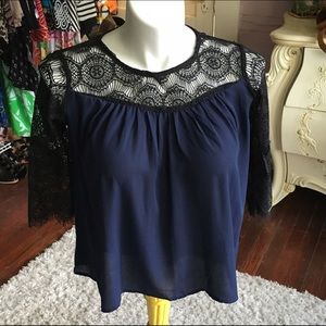 Xhilaration Navy Blouse with Black lace Size M