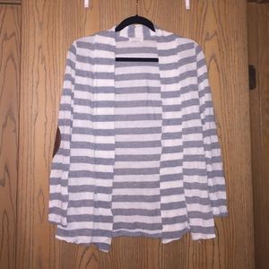 Grey and white striped cardigan with brown suede