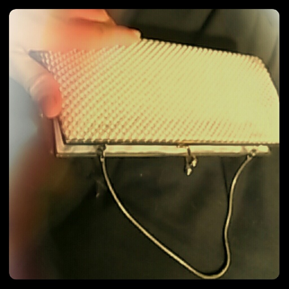 White pearl covered purse with metal strap