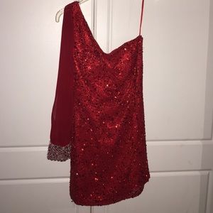 Shail K. One Sleeve Red Homecoming Dress