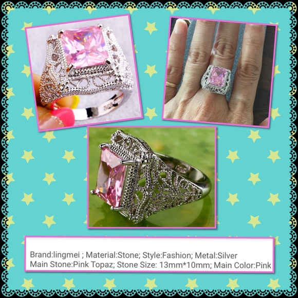 SALE Emerald cut pink topaz gemstone silver ring - Picture 2 of 3