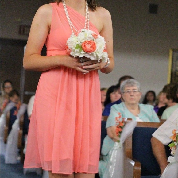 Coral one shoulder bridesmaid dress