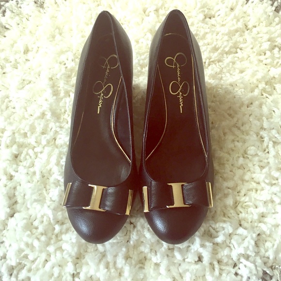 Jessica Simpson black bow wedge pumps
