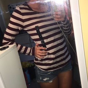 Maroon and Light Grey striped long sleeved top