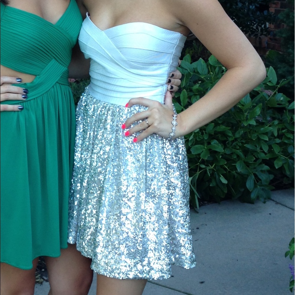 white bandage top dress with sequined bottom
