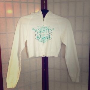 Vintage No Boundaries White graphic cropped hoodie sweatshirt. Juniors size M.