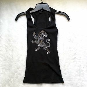 Sale‼️ Black rib tank top silver rhinestone lion