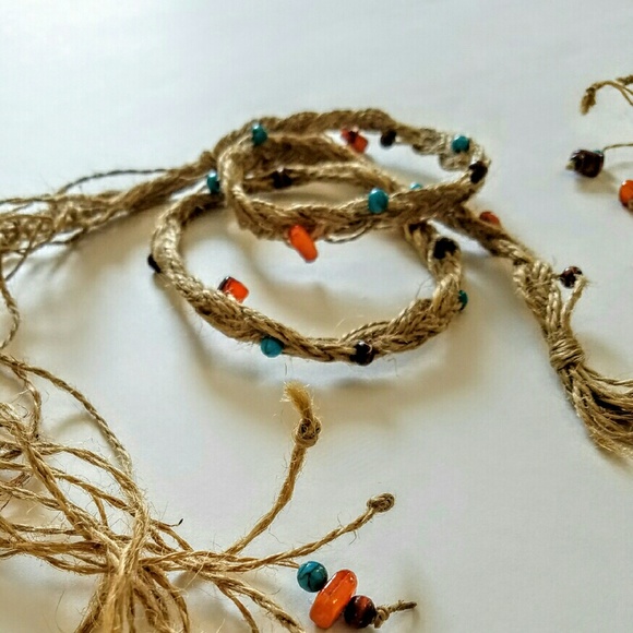 Boho Braided Rope Tie Belt with Blue Orange Stones