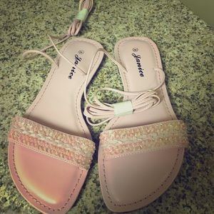Pink sandals with beads & leg ankle straps
