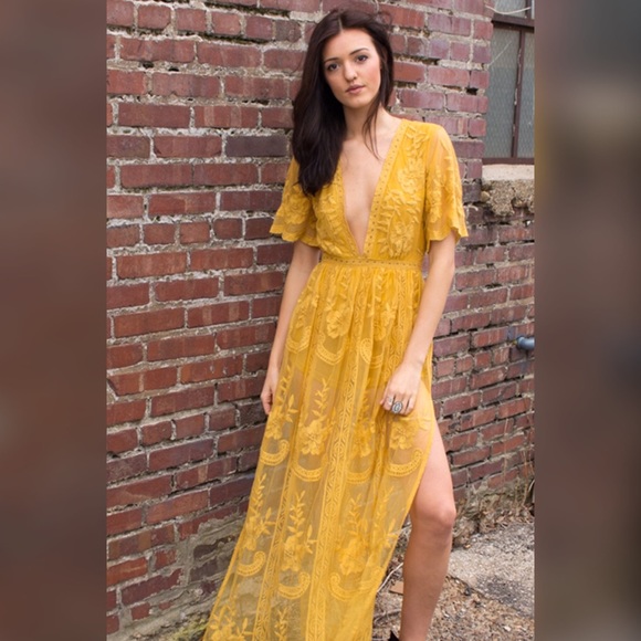Chloe Yellow Embroidered Lace Maxi Dress - Picture 2 of 4