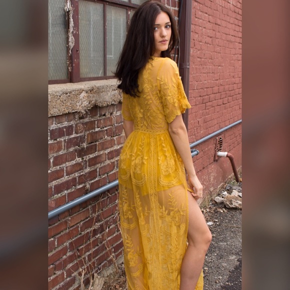 Chloe Yellow Embroidered Lace Maxi Dress - Picture 3 of 4