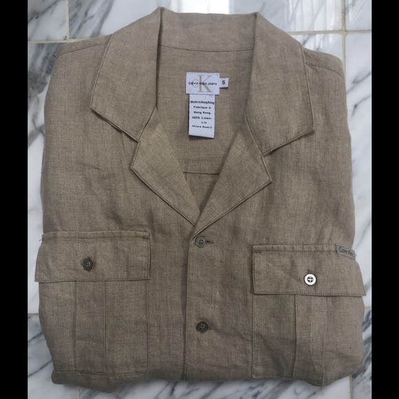 CALVIN KLEIN JEANS ,TAUPE LINEN SHIRT