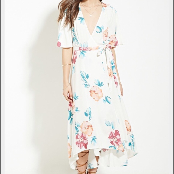 NWT F21 White Floral Print Wrap Midi Dress M