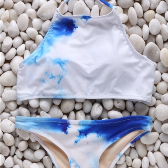 Blue and White High-Neck Bikini