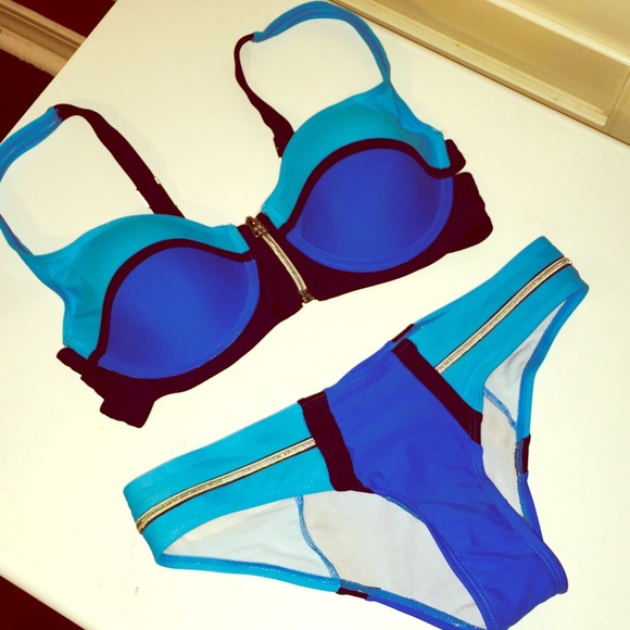 NEW Blue Color block Push Up Zip Bikini Swimsuit