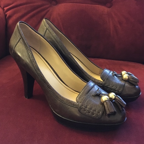 Brown leather Coach "loafer" heels