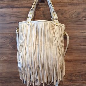 White fringe faux leather, multi strap handbag