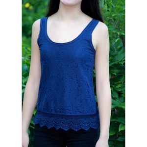 Navy Lace Tank with Scalloped Lace Trimming