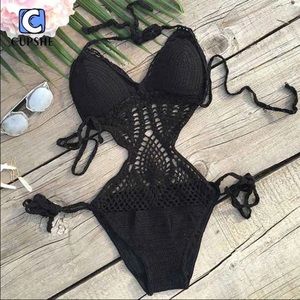 Black crochet one piece