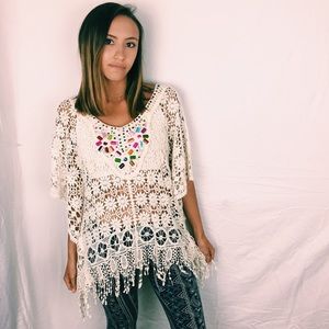 White Knit Poncho Cover Up with Embellishments