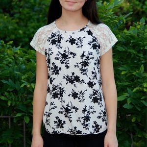 White Blouse with Black Floral Design