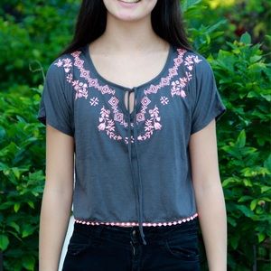 Dark Grey Crop Top with Bright Coral Embroidery