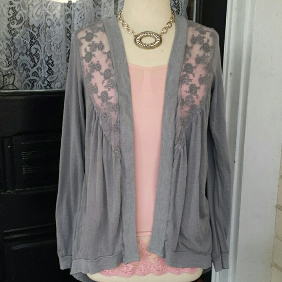 Grey long sleeve throw over sweater with lace.