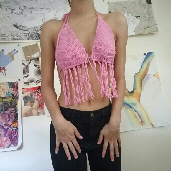 Pink Crochet bralette with fringe - Picture 1 of 3